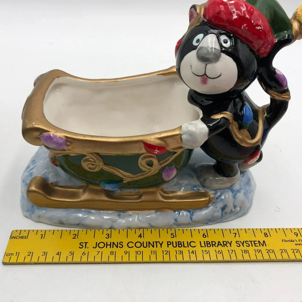 WCL Black Cat Sleigh Sled VINTAGE CHRISTMAS Winter CERAMIC BOWL PLANTER